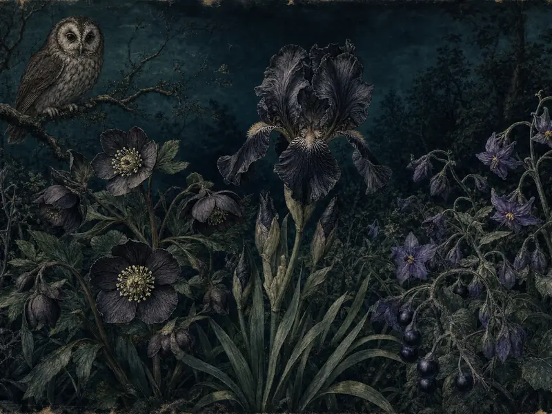 A night garden of black iris, dark hellebore and purple nightshade with black berries, an owl on a branch above, drawn as a Victorian botanical plate