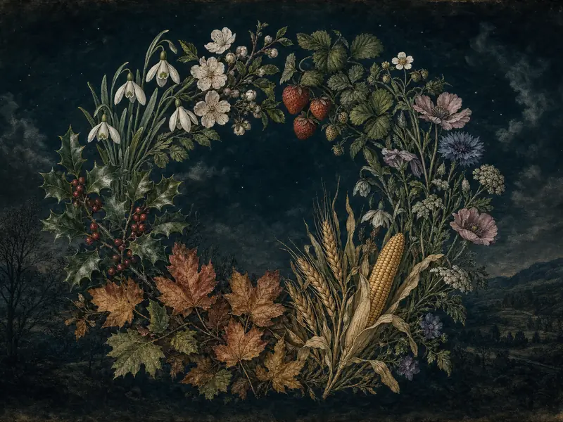 A wreath of plants through the year on a night sky: snowdrops, fruit blossom, strawberries, meadow flowers, wheat and corn, autumn maple leaves and holly with berries, drawn as a botanical engraving