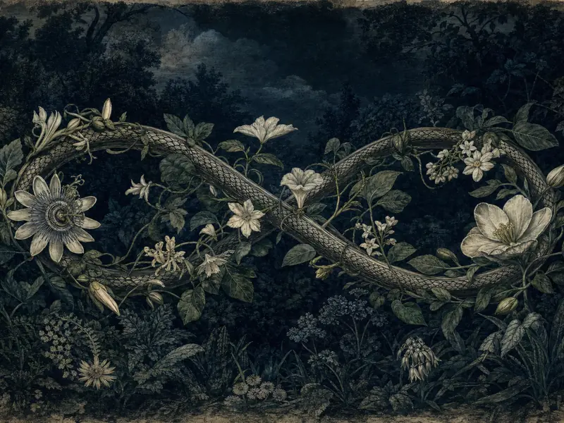 A scaled vine looped into a figure of eight across a night garden, with passionflower, moonflower and jasmine growing along it, drawn as a Victorian botanical plate