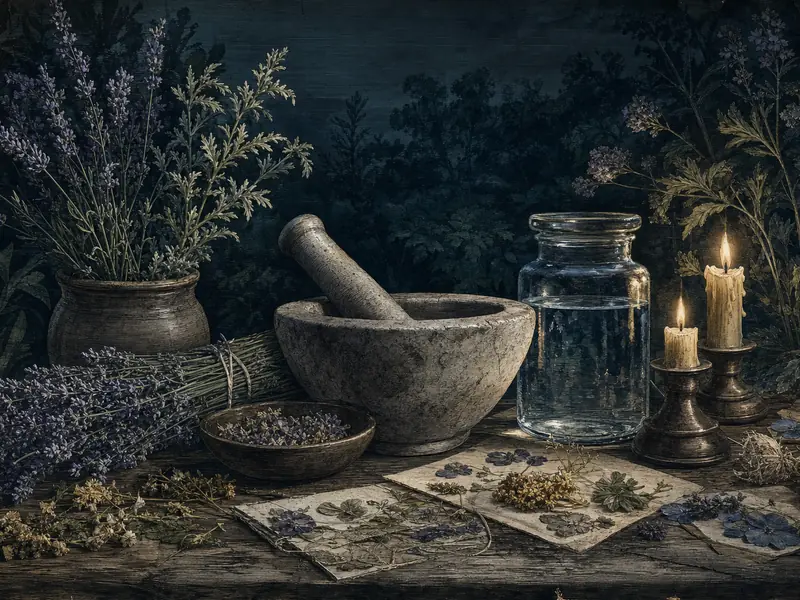 An apothecary table at night with a stone mortar, dried lavender, a jar of water and two lit candles, drawn as a Victorian botanical plate