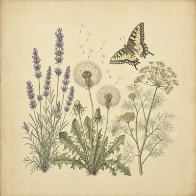 Botanical plate of airy plants: lavender, dandelion clocks releasing seeds and fennel, with a swallowtail butterfly
