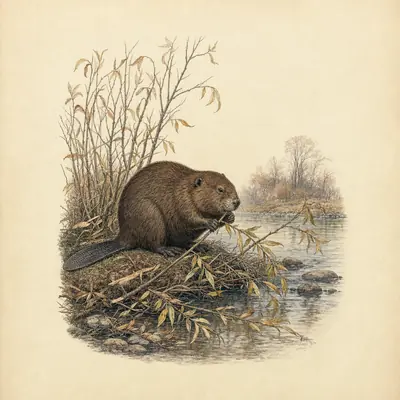 Botanical plate: a beaver on a stream bank gnawing a willow branch, bare trees and water behind