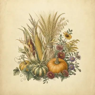 Botanical plate: ears of corn, a sheaf of wheat, pumpkins and squash with asters and a sunflower