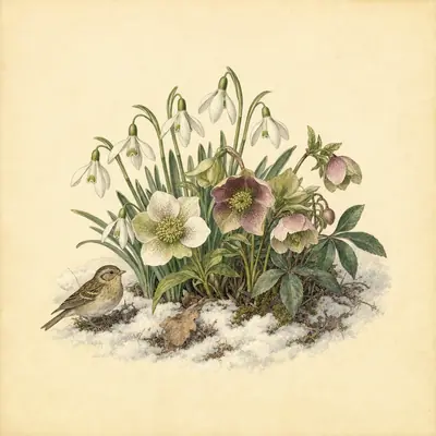 Botanical plate: snowdrops and hellebores flowering through snow, a small brown sparrow on the ground beside them