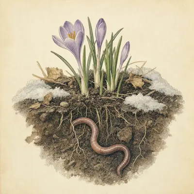 Botanical plate: purple crocuses opening above thawing soil, cut away to show an earthworm and roots underground