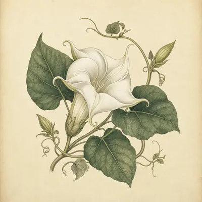 Botanical plate: a moonflower half open, its white spiral unwinding