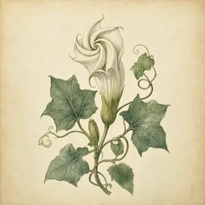 Botanical plate: a half-closed moonflower, its petals twisting back into a spiral
