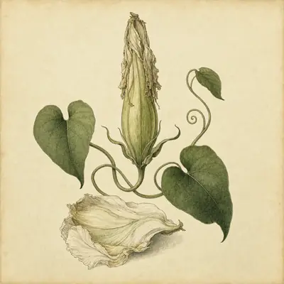 Botanical plate: a spent moonflower folding into a seed pod, a fallen petal below