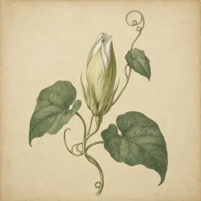Botanical plate: a moonflower bud with the first pale edge of petal showing