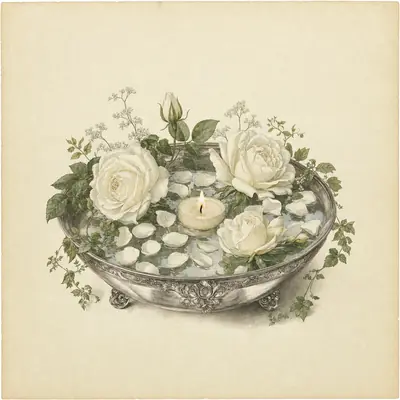 Botanical still life: a shallow silver bowl of water with floating petals, white roses and a lit candle