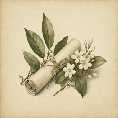 Botanical still life: a rolled blank paper scroll tied with twine, bay leaves and a sprig of jasmine